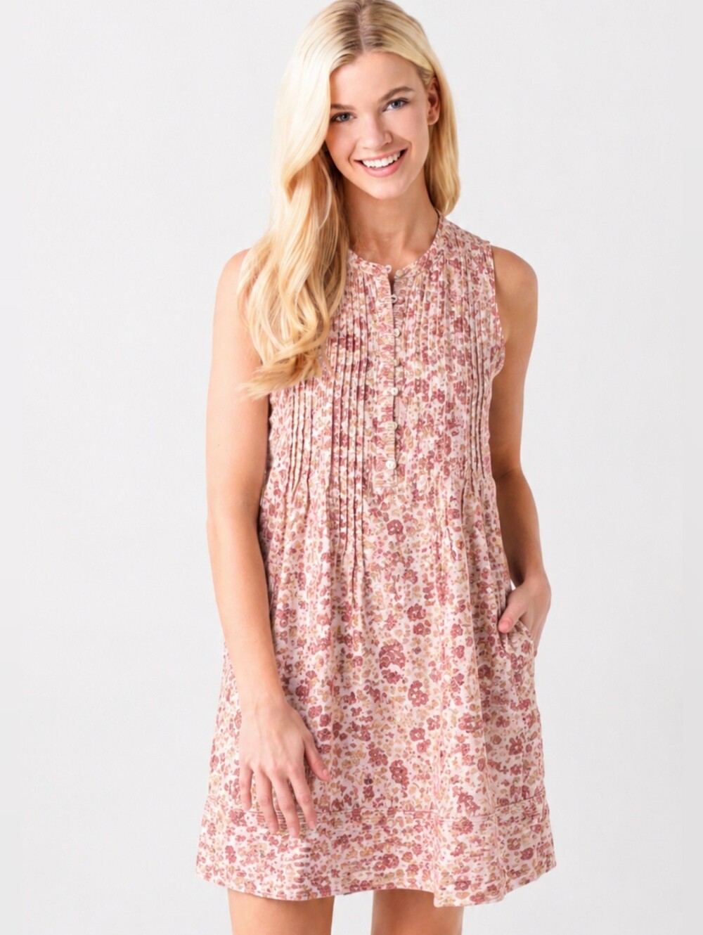 Faherty Isha Dress Women M 100% Linen Floral Pintuck Sleeveless Boho Coastal